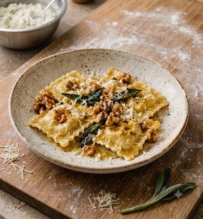 Ravioli met ricotta, salie walnoot en venkel